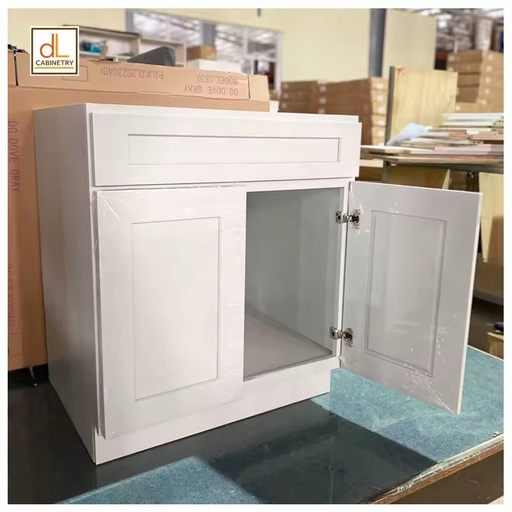 Warehouse Free Standing Modern RTA Dove Grey Shaker Plywood Kitchen Cabinet Sink Base Unit Soft Close Drawer Slides Lifetime