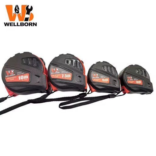 Wellborn Red Black Tape Measure -Steel Blade, Plastic Case with Locking Button, 3m/5m/7.5m/10m Metric Scale for Construction