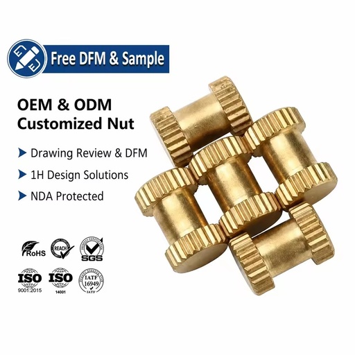 M4 M5 M6 M8 Knurled Nut Blind Hole Straight Pattern Insert Threaded Decorative Embedded Brass Sleeve Nut for Injection Molding