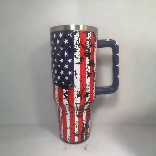 40 oz Stainless Steel Tumbler Handle Lid Straw Travel Car Mug Lacquer National Flag 12-24hr Thermal American Style