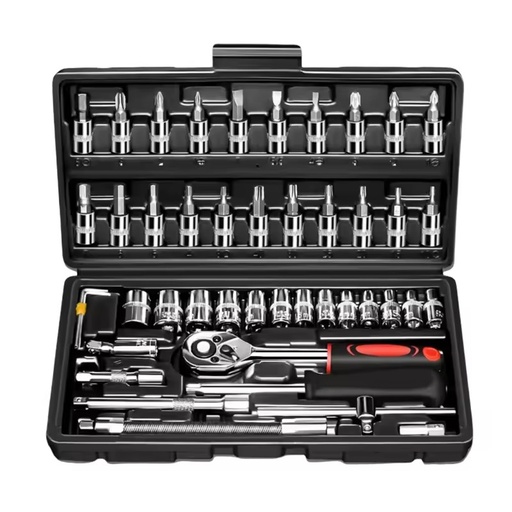 46-Pieces 1/4 Inch Drive Socket Ratchet Wrench Set Metric Bit Socket Extension Bar Hand Tools Case Pack Auto Repair Garden Use