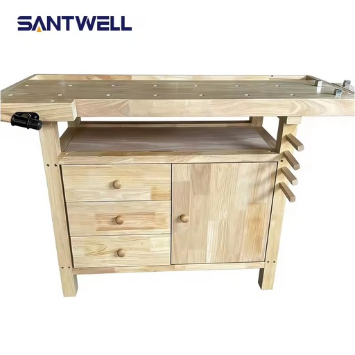 Large Load Capacity Rubber Wood Woodworking Workbench with Storage Cabinet Multi-Functional Operation Table for School&Workshop
