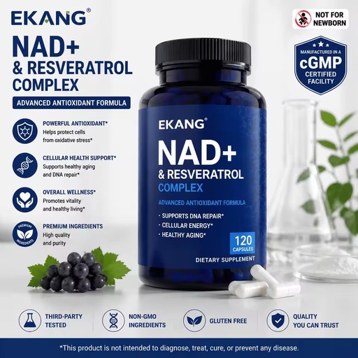 US cGMP Factory NAD+ & Trans-Resveratrol Capsules OEM cGMP Cellular Energy Antioxidant Supplement 120 Count