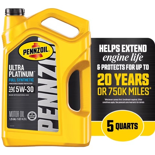 Pennzoil Ultra Platinum 5W-30 Full Synthetic SAE Certified Motor Oil Anti-Wear Automotive Lubricant 5 Quarts