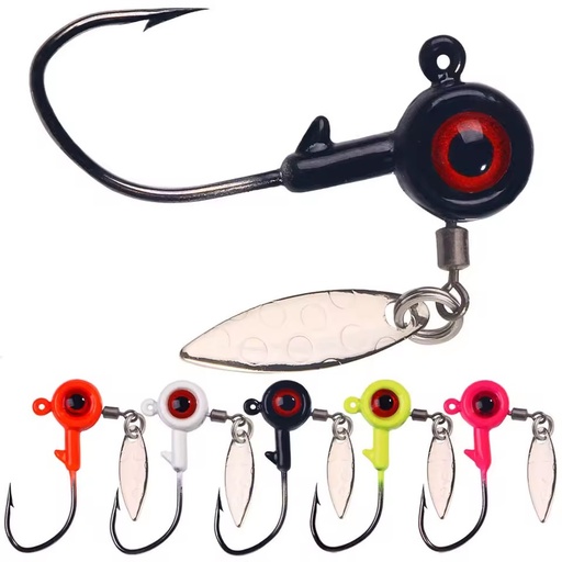 Wholesale JI201~205 1.75g 3.5g 5g 7g 10g 5pcs/bag Big Eyes Lead Jig Head Fishing Hooks with Rotating Spinner Spoon