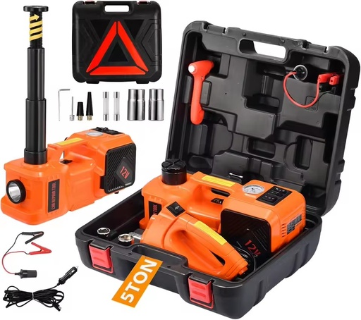 Electric Car Jack Kit 5 Ton 12V Floor Jack Portable Hydraulic Car Jack with Impact Wrench and Tire Inflator Pump With LED Lights