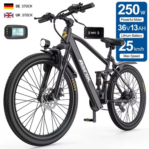Aairsk Electric City Bike 26 Inch 250W Motor 13Ah Lithium Battery Ebike Full Suspension Ebike for Adult Electric Bicycle