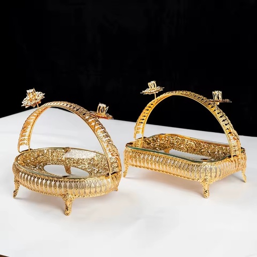 Luxury Arab Style Metal Glass Snack Cake Tray Dish Dry Fruits Plate with Gold Plating Ramadan Decoration Food Storage Container