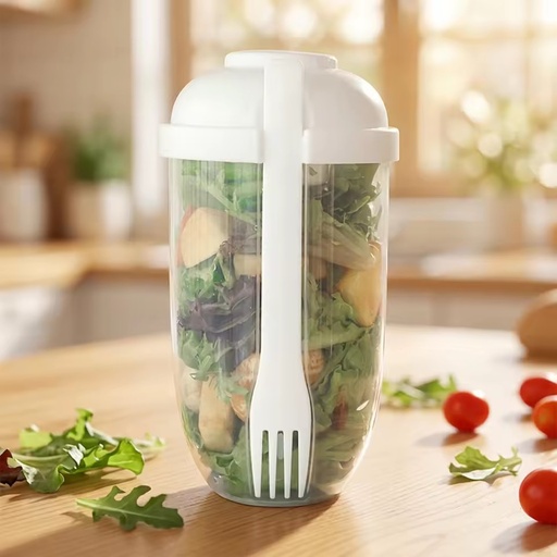 Modern PP Sustainable Plastic Kitchen Breakfast Salad Cup Fork Lid Portable Multifunction Fruit Vegetable Meal Yogurt Slimming