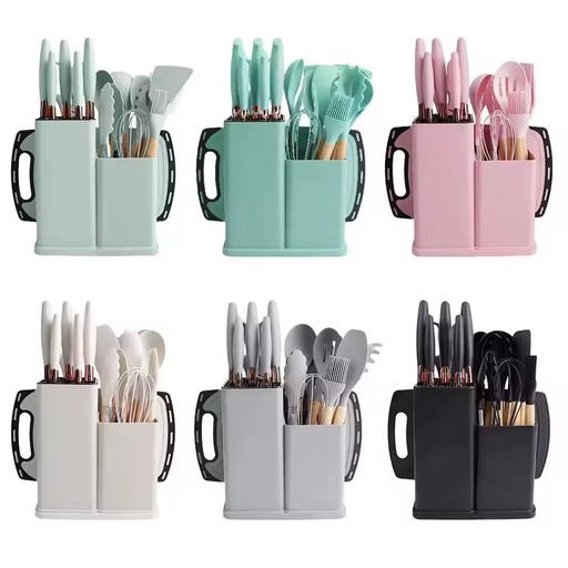 19-Piece Non-Stick Sustainable Silicone Wood Grip Kitchenware Set Dishwasher/Microwave/Oven Safe Cooking Utensil Collection