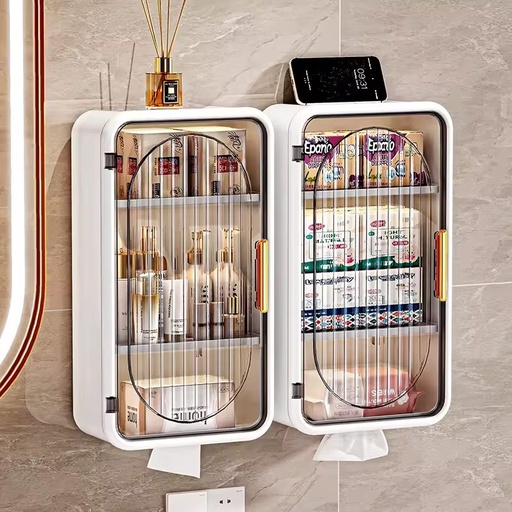 Punch-Free Bathroom Storage Cabinet Shelf with 4 Hooks Wall-Mounted Storage Box Organizer Magnetic Door Kitchen Home Rack Shelf