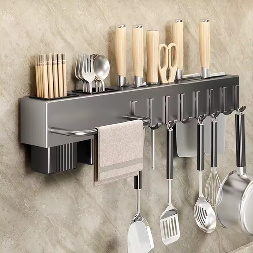 Multifunctional Punch-Free Knife and Utensil Rack Wall-Mounted Kitchen Storage Rack with Spice Rack Chopstick Cage