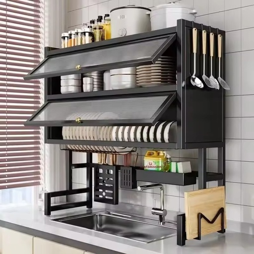 Double-Layer Steel Wall-Mounted Kitchen Sink Storage Rack Dustproof Draining Holder Multi-Functional Door Shelf Bowl Plate