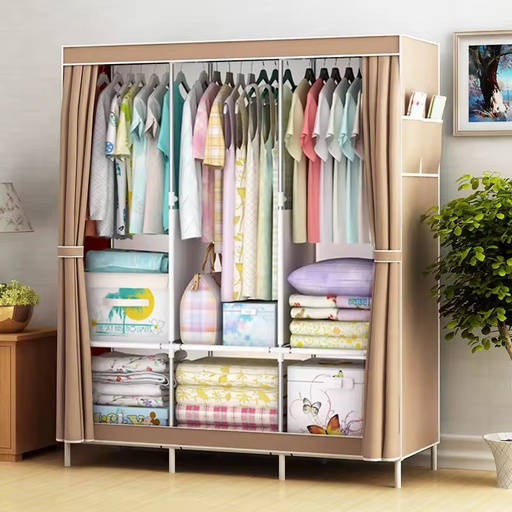 Portable Metal Wardrobe Storage Organizer Non-Woven Fabric Closet with Standing Drawer Clothes Rack for Dormitory Living Room