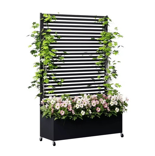 YW Hardware DIY Decorative Metal Black Freestanding Garden Privacy Screen with Planter Flower Boxes for Outdoor Use