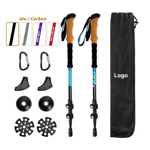 Wholesale ultra Light Tactical Full Carbon Fiber 100% Trekking Pole Nordic Walking Stick Cane Telescopic Cork Handle Flick Lock
