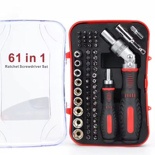 Household 61Pcs Steel Toolbox Set 1/4 Ratchet Wrench 180 Degree Adjustable Screwdrivers Bit Combination Kit Hand Operated Hard