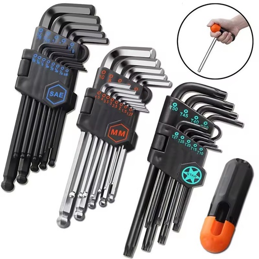 Industrial Grade SAE Metric Star Flat Head Ball End Long Arm Strength Helping t Handle Allen Wrench Hex Key Set S2 Tool Steel