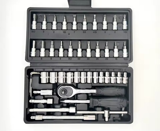 High Quality Multifunctional Chrome Vanadium Steel Wrench Socket 46pcs Repair Tools Set for Cars with Plastic Black Box