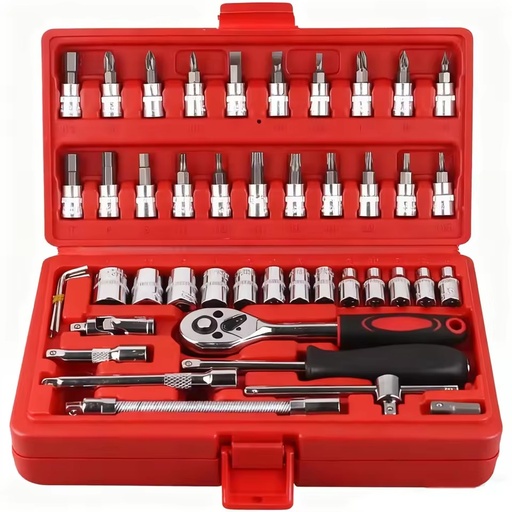 46 Pcs Auto Repair Ratchet Wrench Tool Box Complete Socket Set Wrench Set for Car Vehicle Maintenance Service Mechanical Repair
