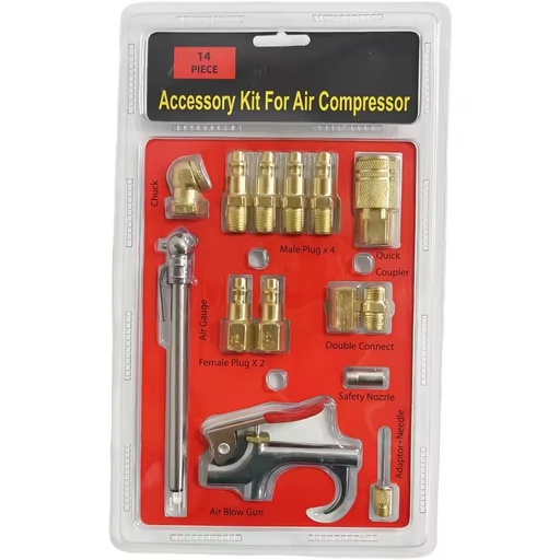 Blow Gun Set and Air Accessory Kit with Safety Adapter, Nozzle Tips, Inflator Needle and Male Couplers/Plugs (14-Piece)