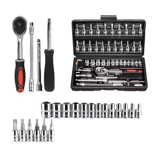 46-Piece DIY Metric Steel Auto Repair Ratchet Wrench Tool Box Portable Car Socket Hand Repair Tool Set for Vehicle Maintenance