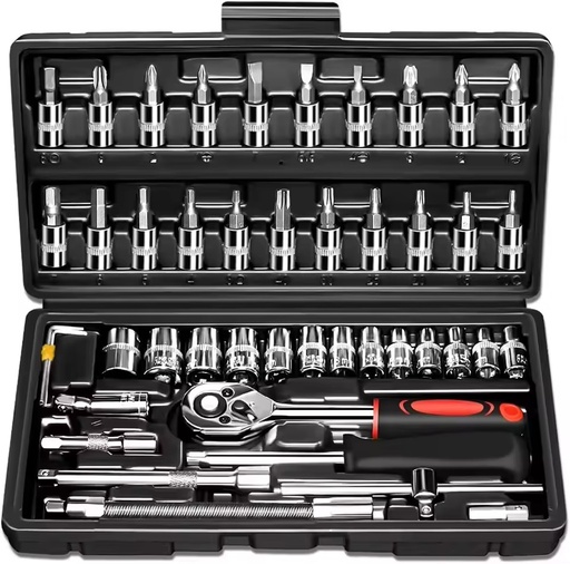 46-Piece 1/4-Inch Drive Metric Socket Ratchet Wrench Set with Extension Bar Hand Tools Case for Auto Repair and Garden Use