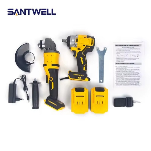 Professional 21V Brushless Cordless Impact Wrench & Angle Grinder Combo Kit, 2-Piece Power Tool Set for Construction Workshop