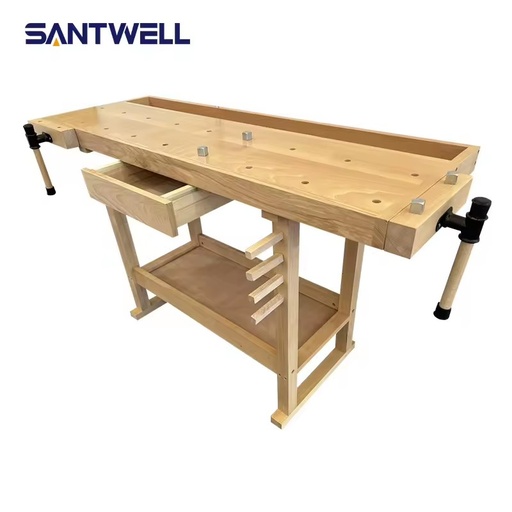 Heavy Duty Rubber Wood Woodworking Table with Tool Drawer, Sturdy Workbench with Bench Vises for Workshop