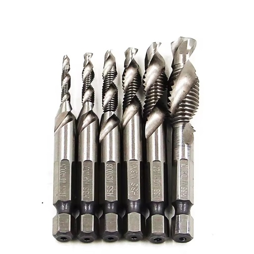 6PCS HSS Hex Shank Spiral Screw Thread Taps Drill Bits Set Hex Tap Drill Bits Metric/Imperial Spiral Fluted Machine Screw