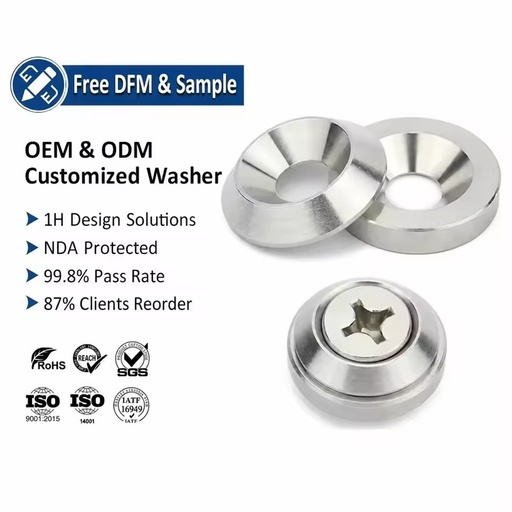 Custom Countersunk Stainless Steel and Zinc Plated Aluminum Washers Concave and Convex Tapered Cone Conical Surface