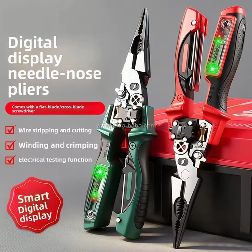 Digital Display Needle-Nose Pliers High-Carbon Steel Green/Red Large Screen Multi-Function Wire Stripping Crimping Winding