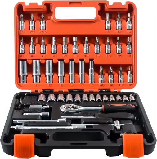 53 Pcs Tool Set Auto Repair Kit Socket Wrench Set With Ratcheting Wrench Plastic Toolbox Storage Case for Car Repair Tools