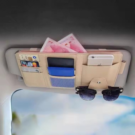 Modern Car Sun Visor Organizer PU Leather Multi-Pocket Auto Sunshade Storage Holder Sunglasses Clip Card