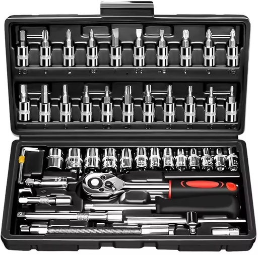 46PCS Hand Operated Socket Wrench Set 1/4" Ratchet Handle Toolkit | Metal Construction Car Repair Tools for Home Garage