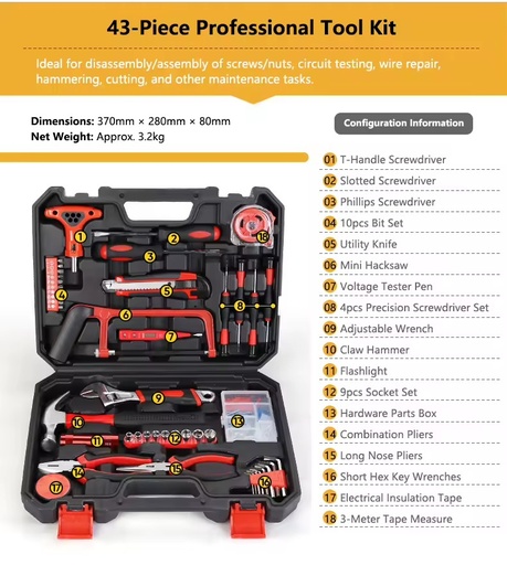 43-Piece Professional Auto Repair Tool Kit with Wrench & Socket Set Heavy-Duty Carbon Steel Hand Tools Hard Case