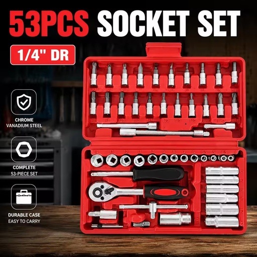 53 Pieces 1/4 Inch Drive Industrial Grade Socket Ratchet Wrench Set, with Bit Socket Set Metric and Extension-001