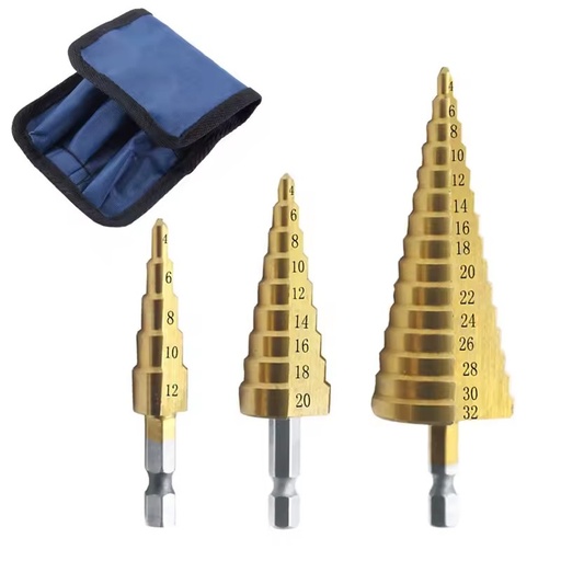 Industrial High-Speed Steel Pagoda Drill Bit Set 3pcs Titanium-Plated Hexagonal Handle for Iron Plastic Quality Hand Tools