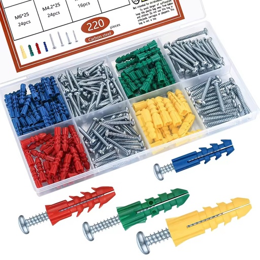220 Pcs Steel Polished Self Drilling Drywall Ribbed Anchors with Screws Assortment Kit