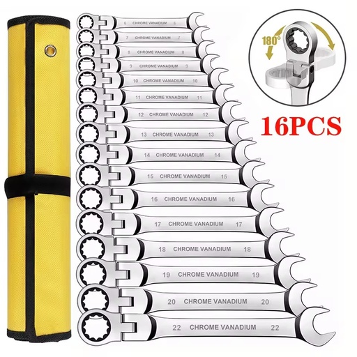 Ratcheting Combination Wrench Set 6-22mm Metric Flex Head Ratcheting Wrench Chrome Vanadium Steel Spanner with Bag