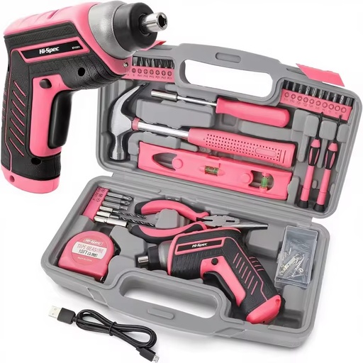 35-Piece Hand Operated Tool Kit with Electric Screwdriver Hammer Wrench Set Pink Drill Set for Women Home Casetool Set