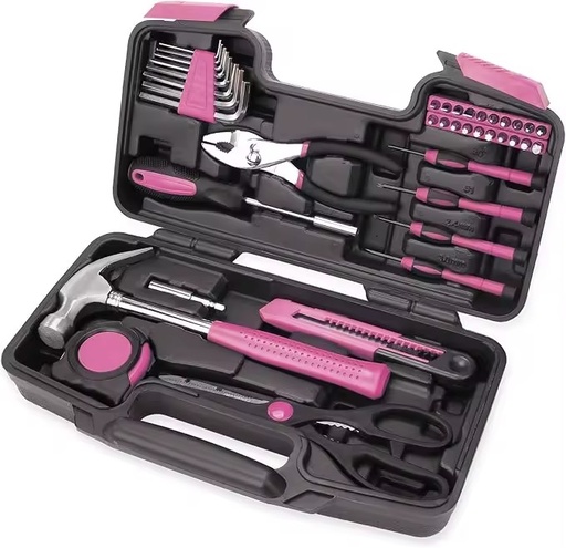 39-Piece Multi-Purpose Stainless Steel Home Pink Ladies' Tool Set with Hard Case Sockets & Wrenches