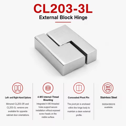 CL203-3L FIRIX Industrial Symmetric Surface Mounting Block Hinge | Brushed Stainless Steel 15mm External Hinge Door/Window 180