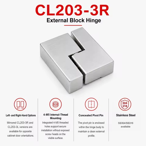 FIRIX CL203-3R 15mm Brushed Stainless Steel Industrial External Block Hinge 180 Degrees Opening Easy Installation for Modular