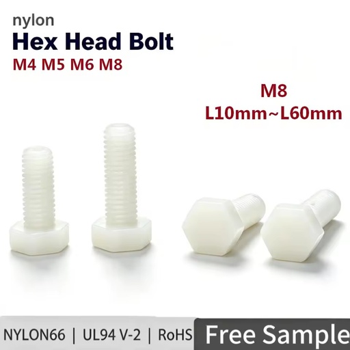 Nylon Hex Bolt M8 External Hex Head Screw White Heavy Duty Plastic Insulation Fastener PA66 UL94 L10mm~L60mm