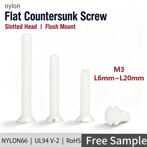 Nylon Slotted Countersunk Screw M3 Flat Head Plastic CSK White Insulation Fastener Nylon66 PA66 UL94 M3x6 L6mm~L20mm