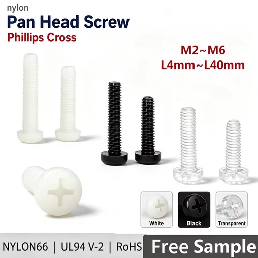 Nylon Phillips Pan Head Screw M2 M2.5 M3 M4 M6 Round Head Black White Clear Plastic Insulation Fastener PA66 UL94 RoHS L4mm-40mm