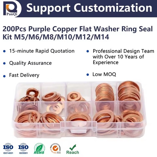 200Pcs Purple Copper Flat Washer Ring Seal Kit M5/M6/M8/M10/M12/M14 Nut Bolt Assortment Brass Sump Plugs Gaskets for Various