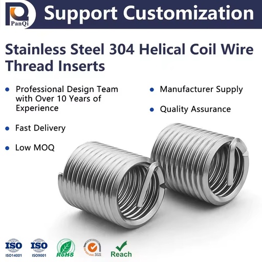 304 Stainless Steel Wire Thread Inserts High Quality Metric UNC M2-M24 M8x1.25 Plain Finish Custom Sizes Screws Fasteners