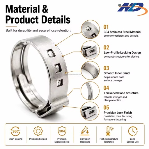 NLD Wholesale Hardware Fasteners Thin Thickness SS304 5.3 - 6.5mm Cable Clip Single Ear Hose Cinch Clamp